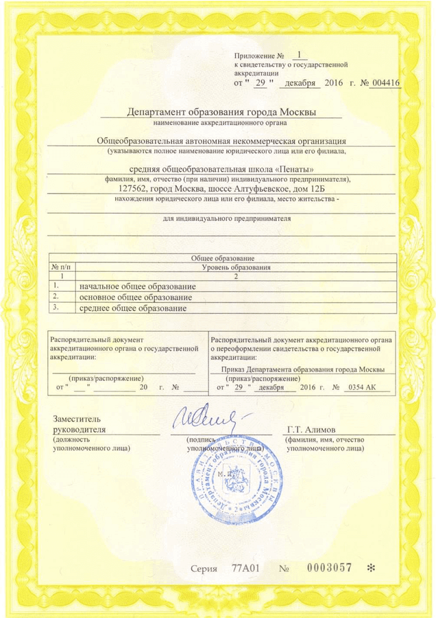 Свидетельство ОАНО СОШ "Пенаты"